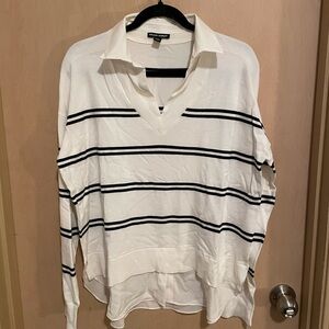 Hilary Radley White V-Neck Collared Sweater with Black Stripes